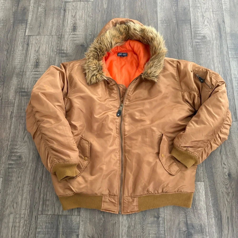Army Navy‎ Bomber Jacket Mens 2XL Tan Good Faux Fur Hood MA-1 Flight Parka